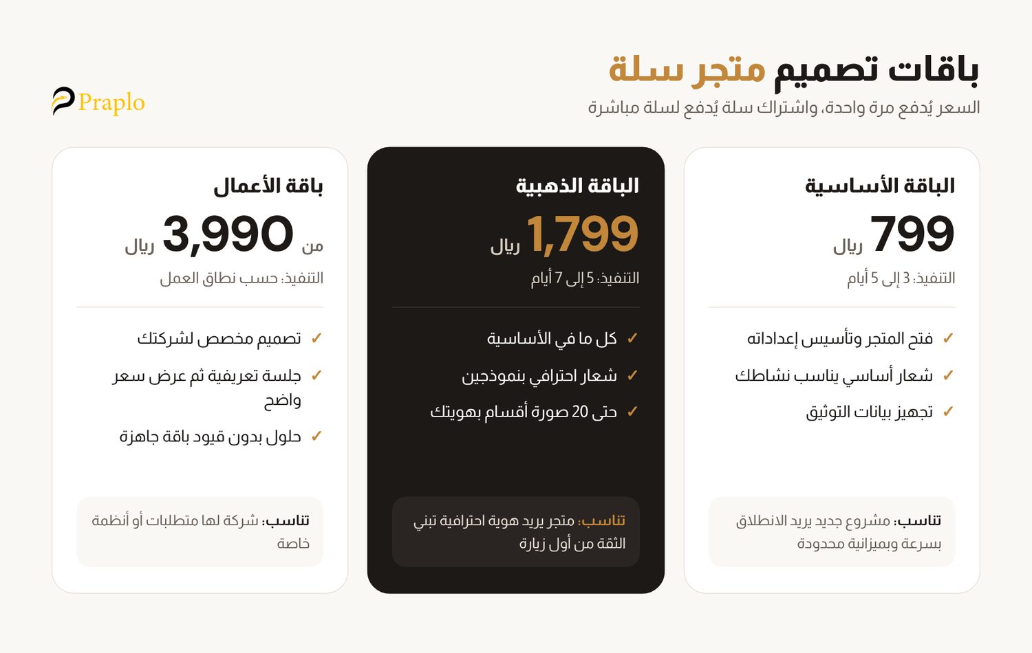 مقارنة باقات تصميم متجر سلة من بربلو: الأساسية 799 ريال والذهبية 1,799 ريال والأعمال من 3,990 ريال